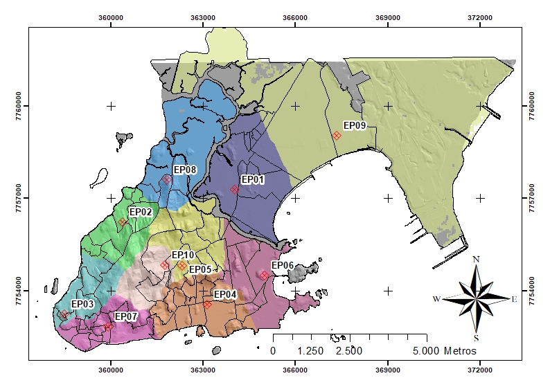 �reas alocadas no munic�pio para 6 esta��es pluviom�tricas